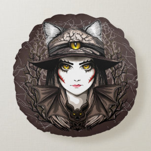 Coussins Ronds Chat de sorcière Halloween Déplaisant Portrait mig
