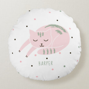 Coussins Ronds Chat dormant rose personnalisé