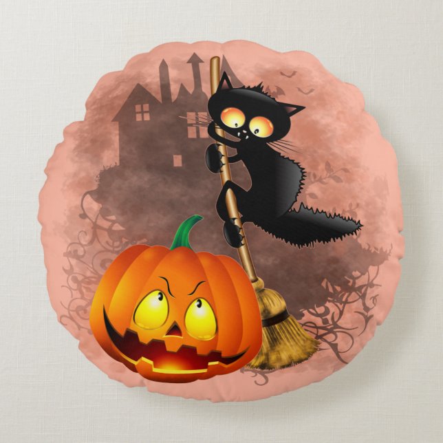 Coussins Ronds Chat effrayé par Citrouille Fun Halloween caractèr (Devant)