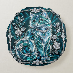 Coussins Ronds Chat en cristal de turquoise de luxe Cadre en ar