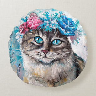 Coussins Ronds Chat en fleur de couronne d'huile peinture sur toi