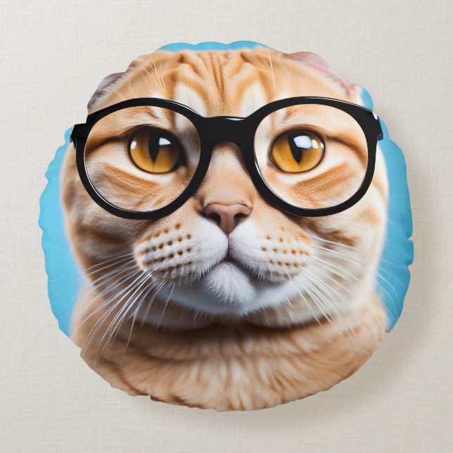 Coussins Ronds Chat-gingembre portant des lunettes (Devant)