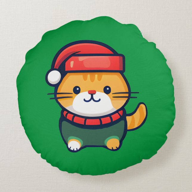 Coussins Ronds Chat Ginger de Noël en chapeau de Santa (Dos)