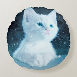 Coussins Ronds Chat kitty neige art animal nature