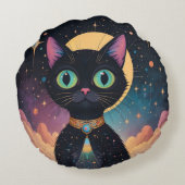Coussins Ronds Chat noir cosmique futuriste atomique en clair de (Dos)