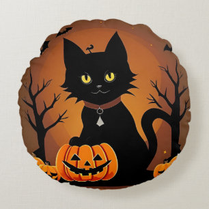 Coussins Ronds Chat noir d'Halloween entouré de citrouilles lumin