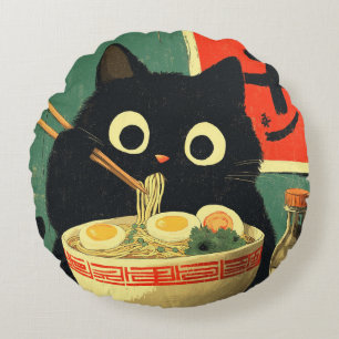 Coussins Ronds Chat noir drôle mangeant du Ramen