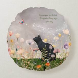 Coussins Ronds Chat noir en fleurs