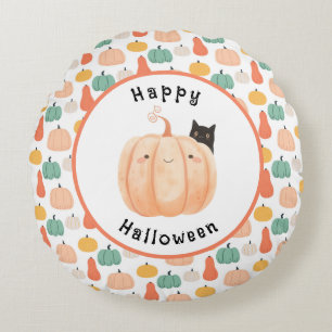 Coussins Ronds Chat noir mignon à la recherche d'une Halloween Ci