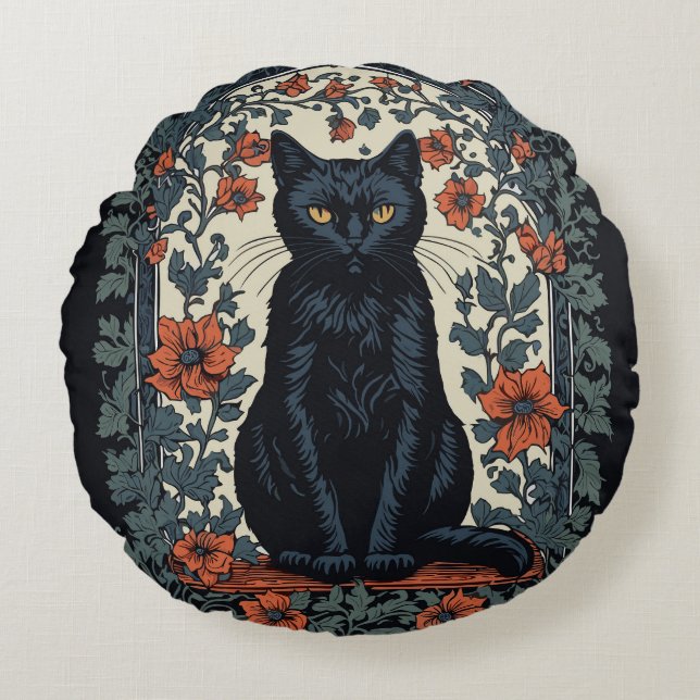 Coussins Ronds Chat noir Vintage Floral (Devant)