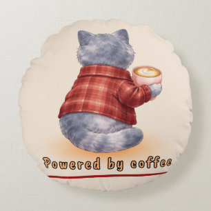 Coussins Ronds Chat "Propulsé par le Café" tenant une tasse de ca