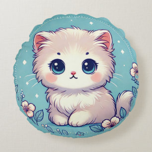 Coussins Ronds Chaton Fluffy Assis Parmi des Fleurs Délicates