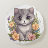 Coussins Ronds Chaton gris doux avec fleurs Kawaii Chibi (Dos)