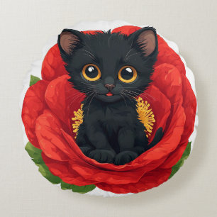 Coussins Ronds Chaton noir adorable dans une fleur rouge vibrante
