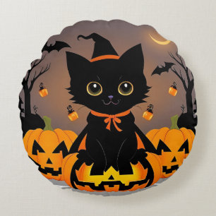 Coussins Ronds Chaton noir adorable en chapeau de sorcière