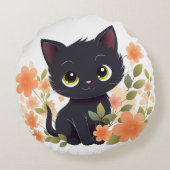 Coussins Ronds Chaton noir doux avec fleurs Kawaii Chibi (Dos)