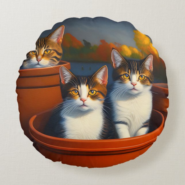 Coussins Ronds Chatons Plante Pot, Cuisine Ronde (Devant)