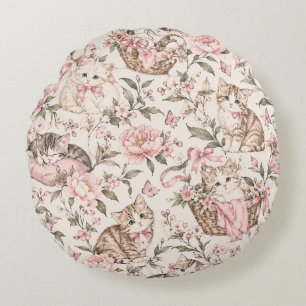 Coussins Ronds Chatons Vintage & Motif de Jardin Floral