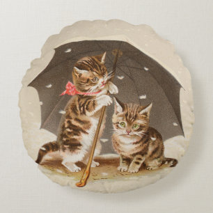 Coussins Ronds Chatons vintage sous parapluie art de chat antique
