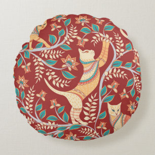 Coussins Ronds Chats avec ornements, branches avec fleurs et feui