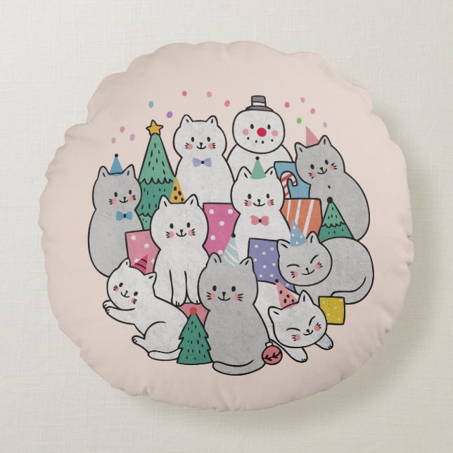 Coussins Ronds Chats de Noël (Devant)