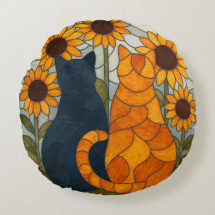 Coussins Ronds Chats en vitrail et conception d'art de tournesols