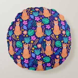 Coussins Ronds Chats et fleurs tropicales : Motif foncé