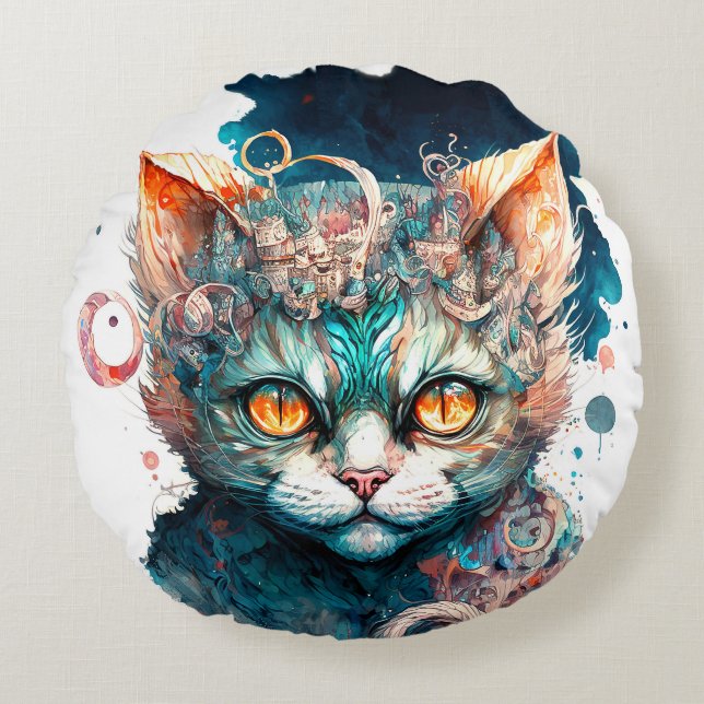Coussins Ronds Chatte aquarelle en style steampunk lance l'oreill (Devant)