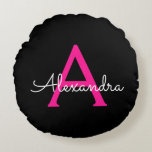 Coussins Ronds Chaud rose noir Script Girl Nom du monogramme<br><div class="desc">Noir et rose chaud Simple Script Monogramme Nom Pouf Coussin. La coussin fait le cadeau parfait pour 16 ans,  mariage,  douche nuptiale,  baby shower ou bachelorette pour quelqu'un décorant sa chambre en or rose.</div>