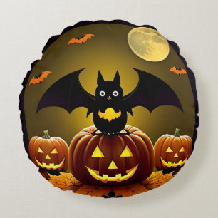 Coussins Ronds Chauve-souris de dessin animé et citrouilles sous