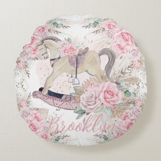 Coussins Ronds Cheval à bascule floral Boho Pampas rose (Devant)