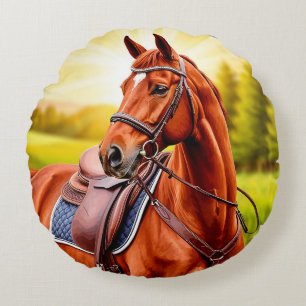 Coussins Ronds Cheval châtaigne élégant avec selle