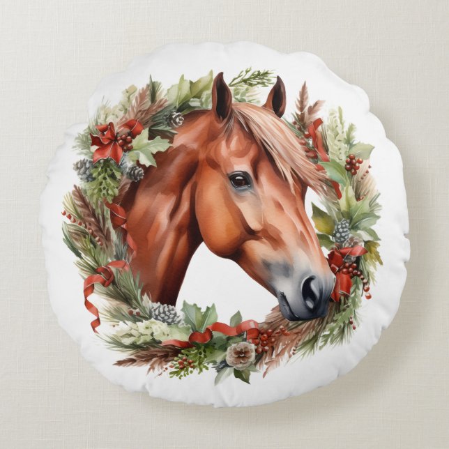 Coussins Ronds Cheval de châtaignier et couronne de Noël Aquarell (Devant)