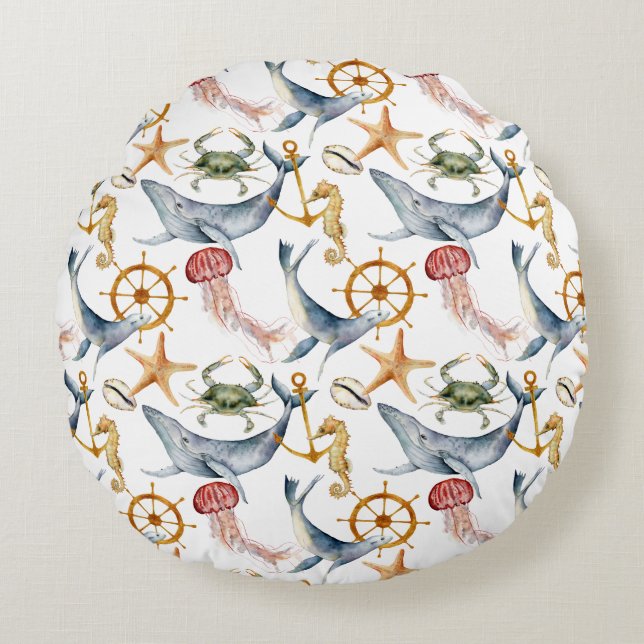 Coussins Ronds Cheval de mer, Navires Roue, baleines, Crabe, Élev (Devant)