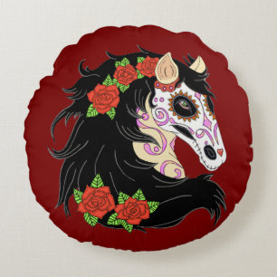 Coussins Ronds Cheval du crâne à sucre aux roses rouges