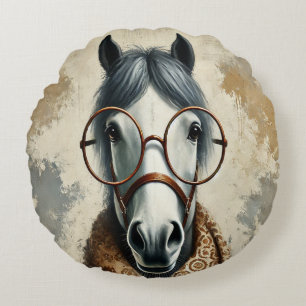 Coussins Ronds Cheval élégant avec lunettes - Art Vintage amusant