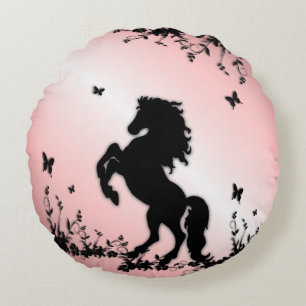 Coussins Ronds Cheval noir cabré rose