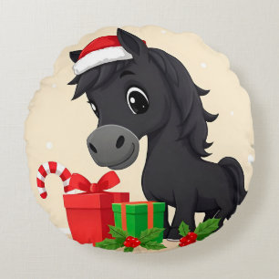 Coussins Ronds Cheval noir de dessin animé festif avec chapeau de