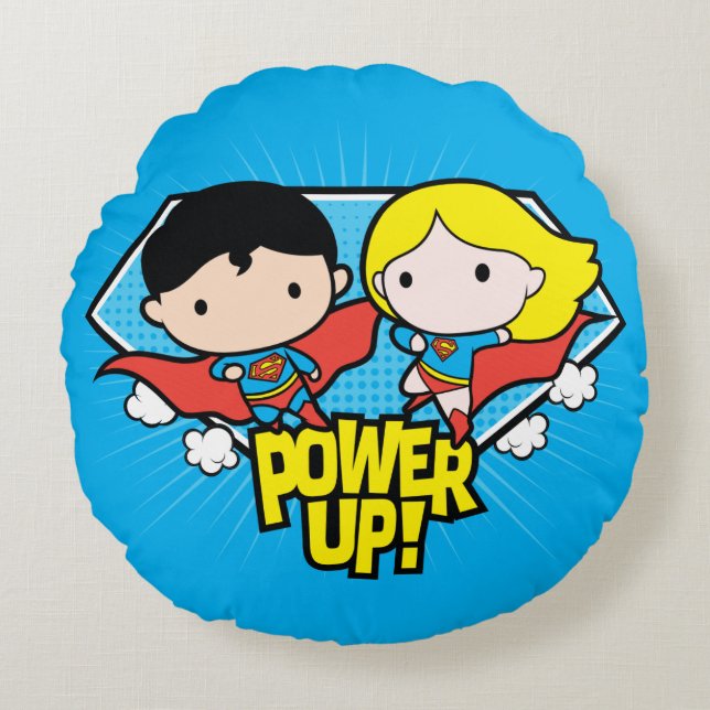 Coussins Ronds Chibi Superman & Chibi Supergirl Power Up! (Devant)