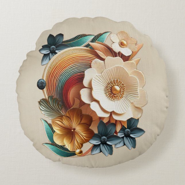 Coussins Ronds Chic, Elegant Crèmes & cuir texture fleur look (Devant)