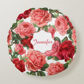 Coussins Ronds Chic Elegant Vintage rose rouge roses nom floral