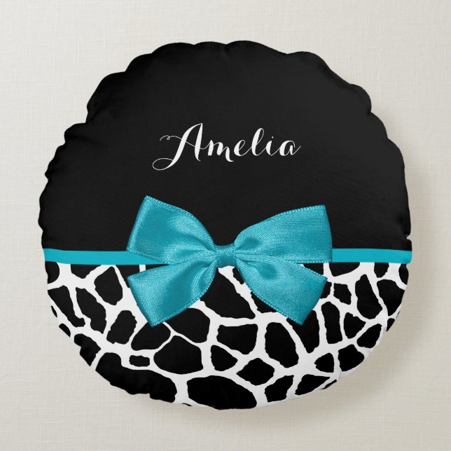 Coussins Ronds Chic Giraffe Imprimer Aqua Blue Ribbon Bow avec no (Devant)