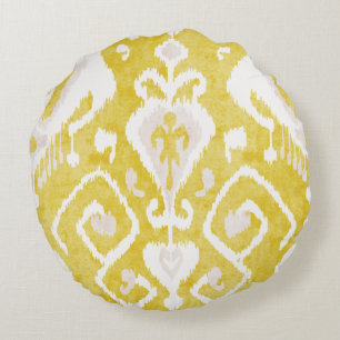 Coussins Ronds Chic jaune et gris damask ikat motif tribal