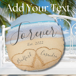 Coussins Ronds Chic Poussiéreux Bleu Plage Couple Cœurs Sable