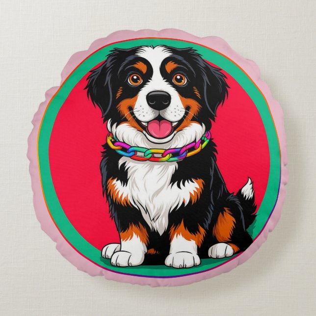 Coussins Ronds Chien animé mignon avec collier (Devant)