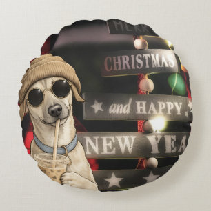 Coussins Ronds Chien de Noël drôle buvant du thé aux bulles