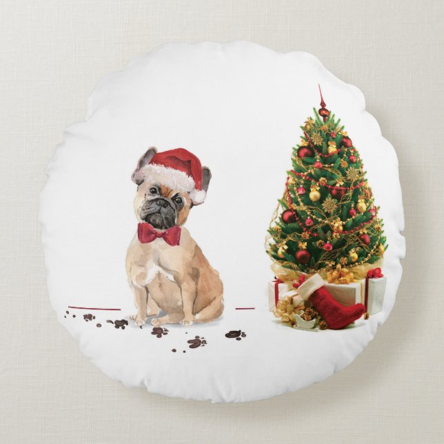 Coussins Ronds Chien de Noël Funny avec arbre (Devant)