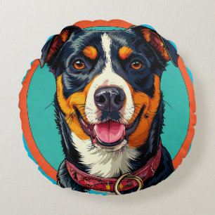 Coussins Ronds Chien heureux avec un arrière-plan vibrant