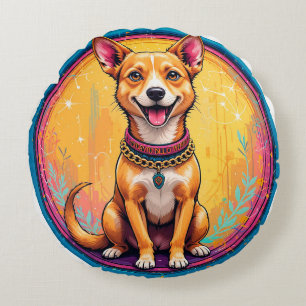 Coussins Ronds Chien heureux avec un collier coloré