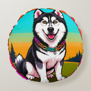 Coussins Ronds Chien husky de dessin animé mignon avec collier